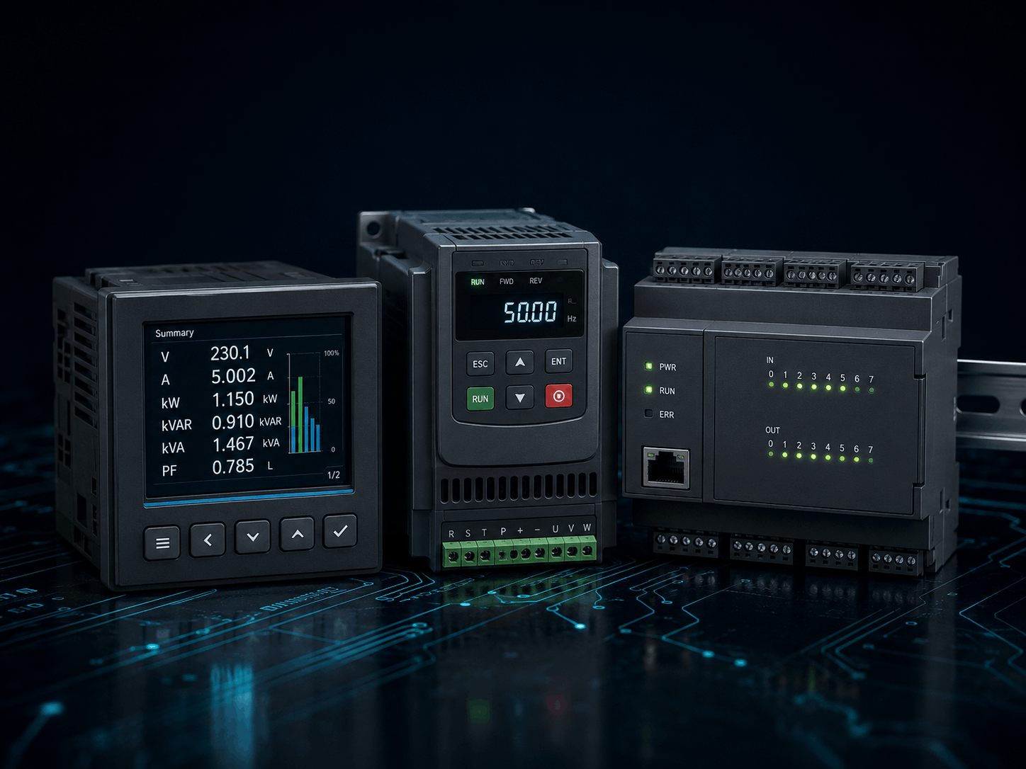 Industrial Modbus devices — a power analyzer, a variable-frequency drive, and a PLC